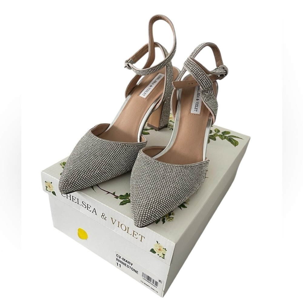 Chelsea & Violet Silver Rhinestone Pointed-Toe Ankle Strap Heels